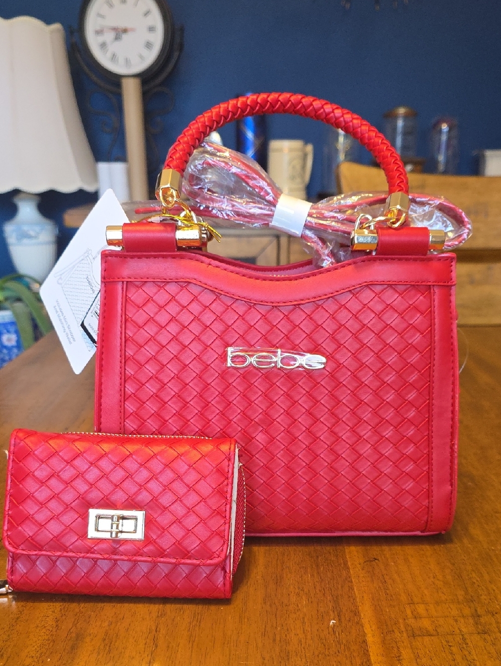 Bebe Red Woven Tote Handbag with Matching Wallet Nwt